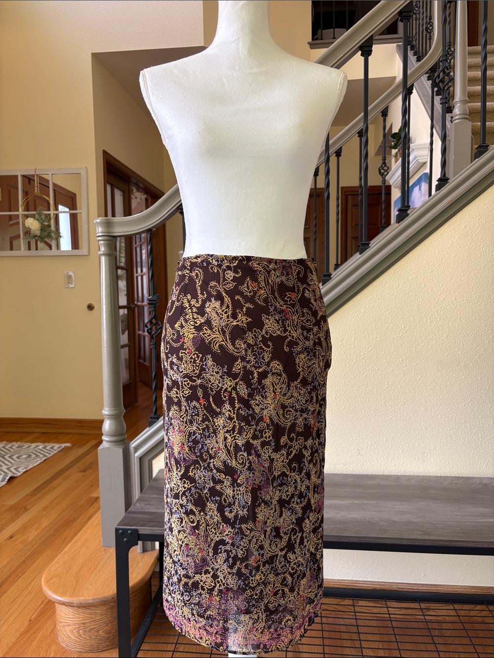 Free People Brown Paisley-Print Pencil Skirt with Yellow/Gold Accents Size 3